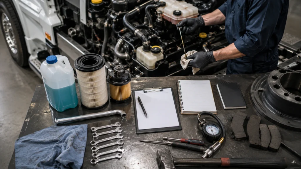 Diesel truck maintenance checklist with inspection tools and service components