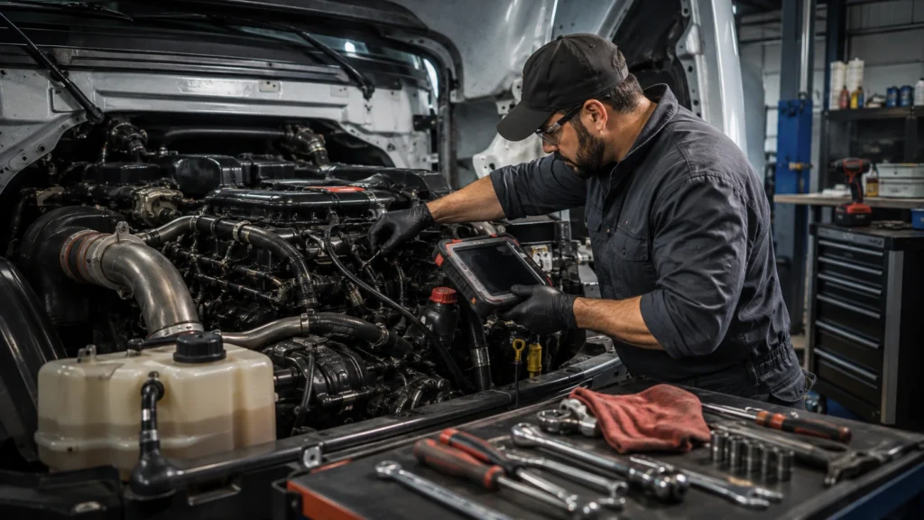 Mechanic performing preventative maintenance on a diesel truck engine