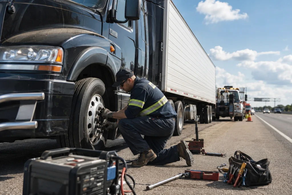 Heavy-duty roadside technician repairing a semi truck tire during an emergency highway service call