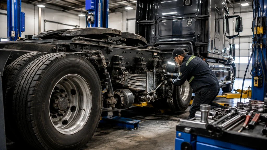 Heavy-duty diesel technician inspecting semi truck suspension components in a repair