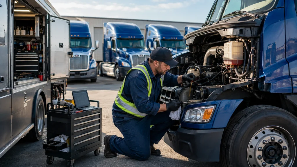 Mobile diesel mechanic performing preventive maintenance on commercial fleet trucks