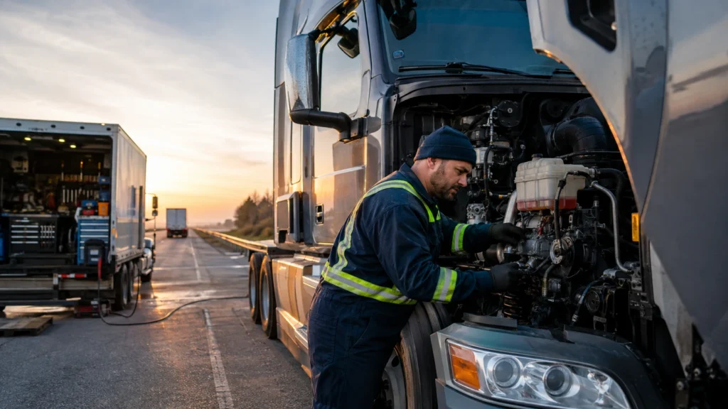 Mobile diesel mechanic inspecting a heavy-duty semi-truck at the roadside