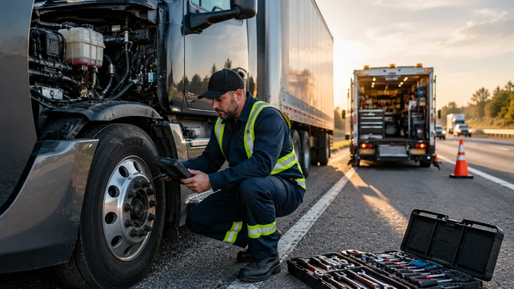 Mobile diesel mechanic performing roadside repair on a semi-truck