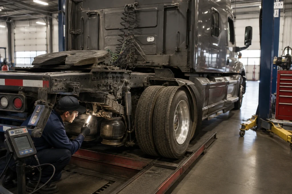 Technician inspecting uneven truck suspension and worn components for repair
