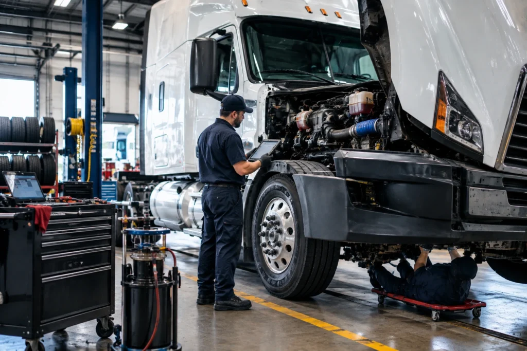 Technician performing commercial truck maintenance on a heavy-duty semi truck