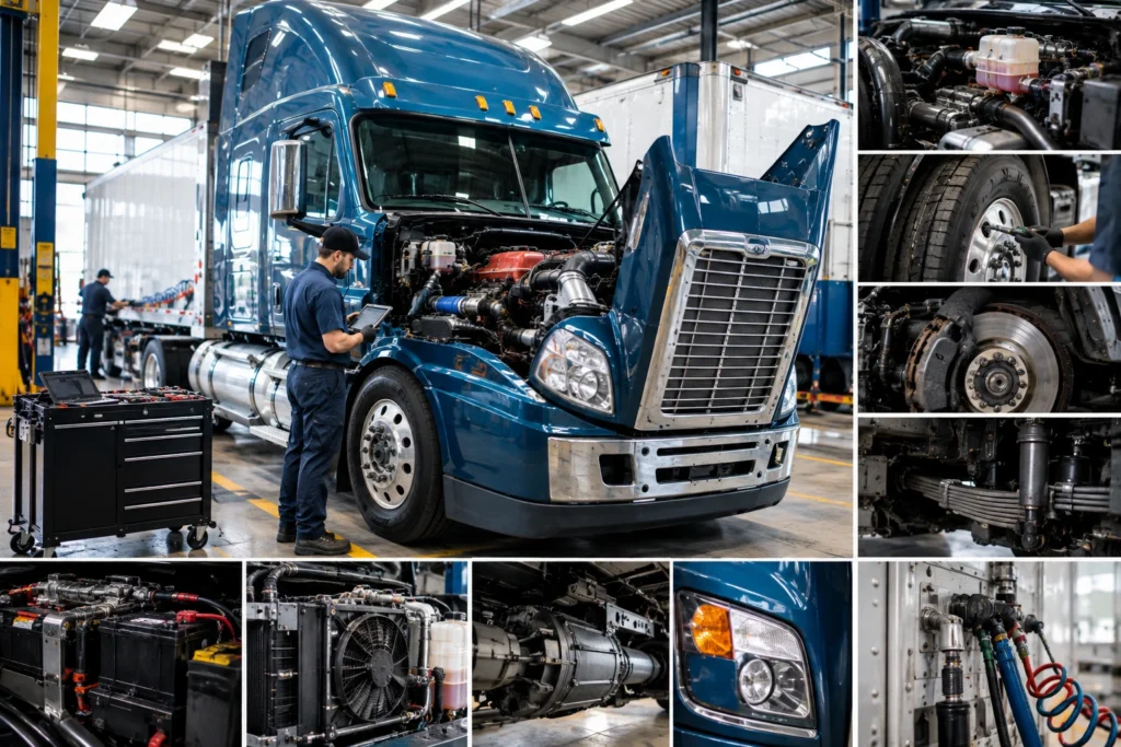 Technician completing a commercial truck maintenance checklist during a multi-point inspection