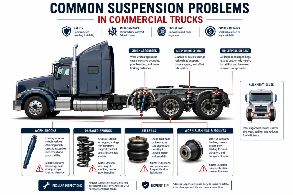 Infographic showing common suspension problems in commercial trucks