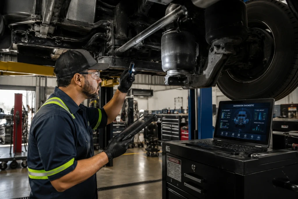 Diesel technician performing suspension diagnostic on a commercial truck
