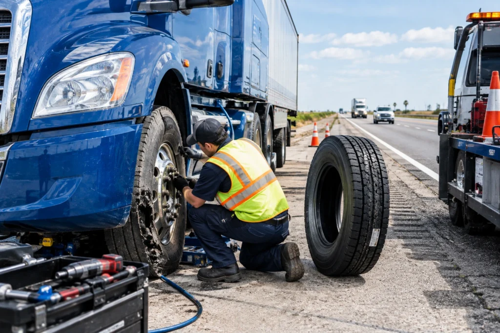 Mobile technician replacing a damaged semi truck tire during a roadside emergency