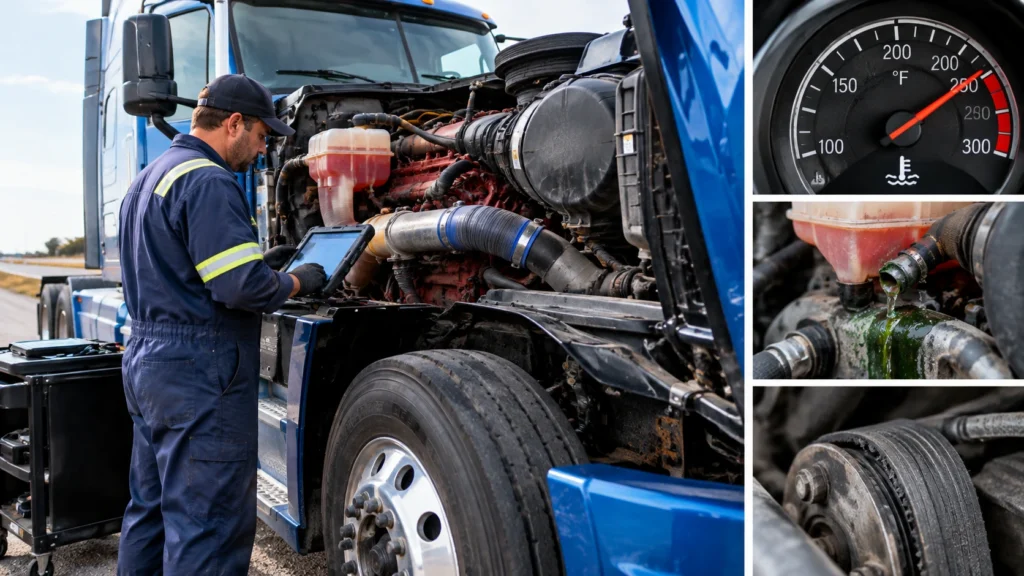 Technician inspecting a heavy-duty diesel truck for serious mechanical problems