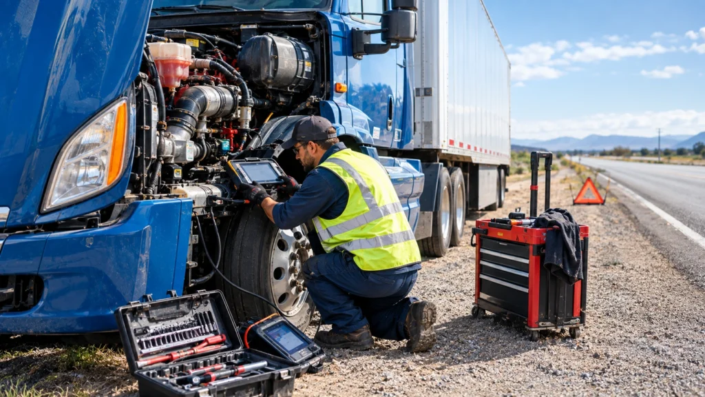 Professional technician performing emergency roadside repair on a commercial diesel truck