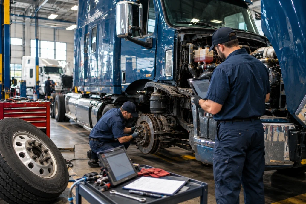 Technicians performing professional truck repair and diagnostic service on a semi truck