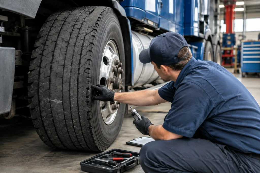 Professional inspection of a semi truck tire replacement