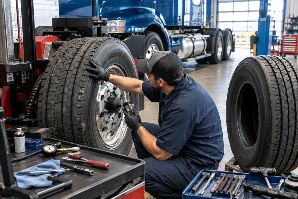 Technician inspecting semi truck tire wear and tread condition for replacement